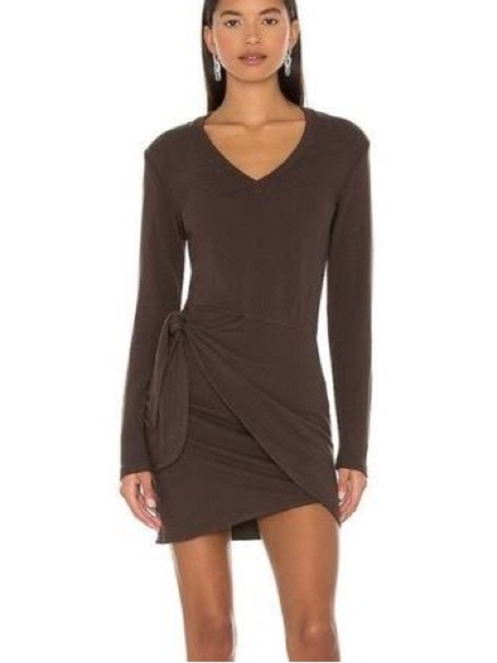 MONROW Supersoft Long Sleeve V-Neck Tie Front Mini Wrap Dress Brown S NWOT